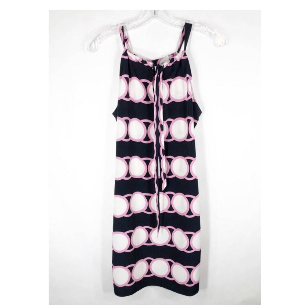 Crown & Ivy Babydoll Print Halter Tie Dress L Large Navy White Pink Geometric